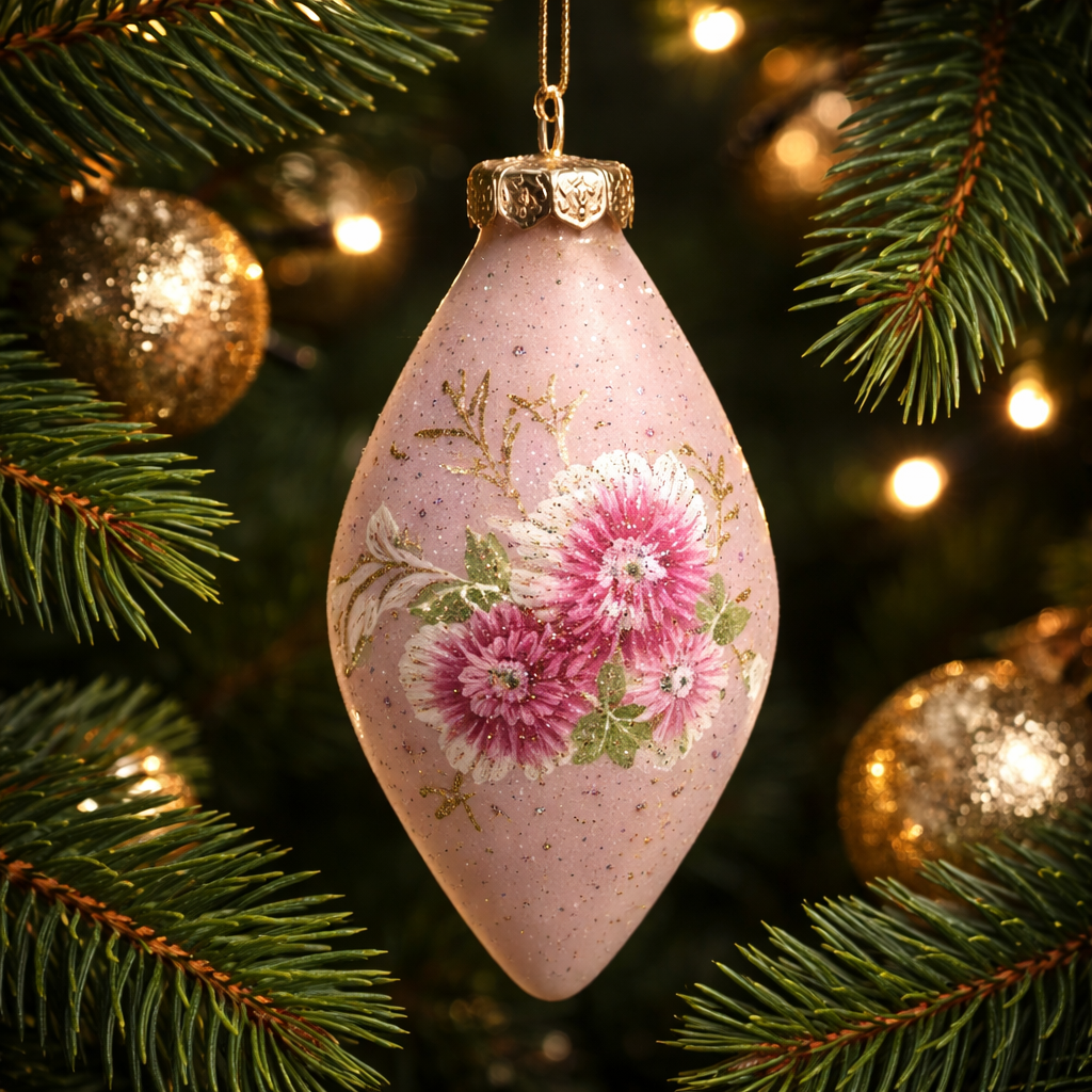 Frosted pink embroidery teardrop glass bauble