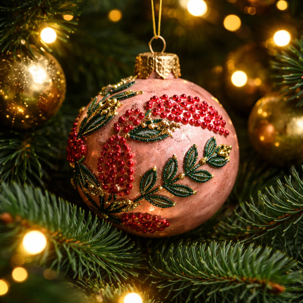 Rose pink glass bauble with embroidery