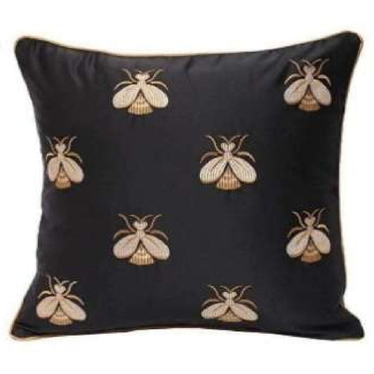 Black satin Embroidered Bees cushion cover