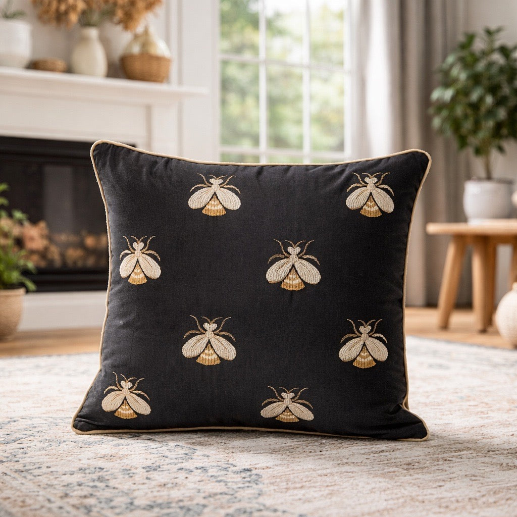 Black satin Embroidered Bees cushion cover