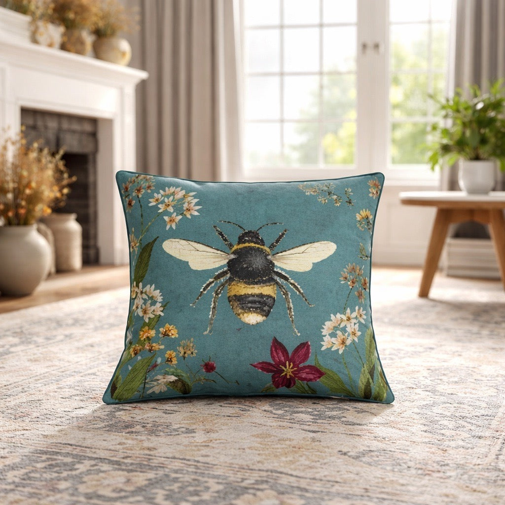 Blue floral Bee velvet Cushion