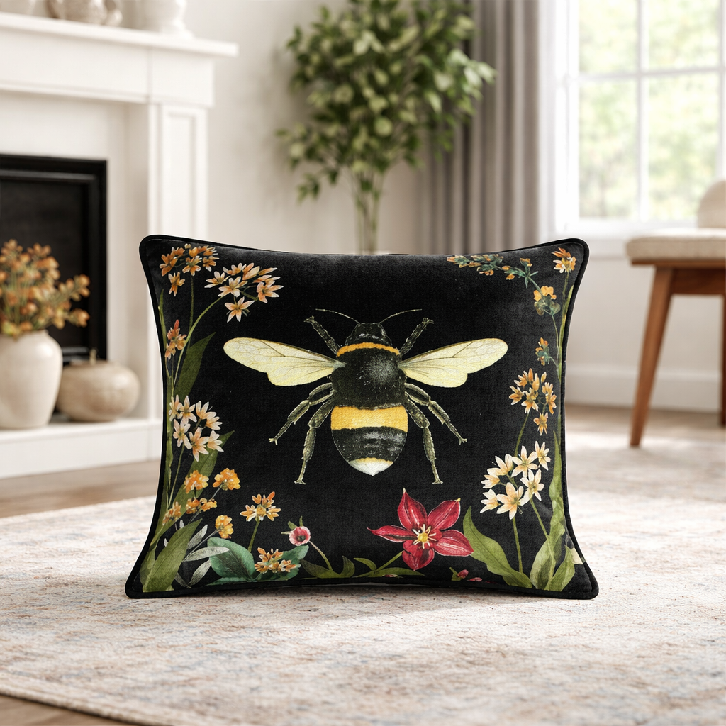 Bee Black Floral Cushion