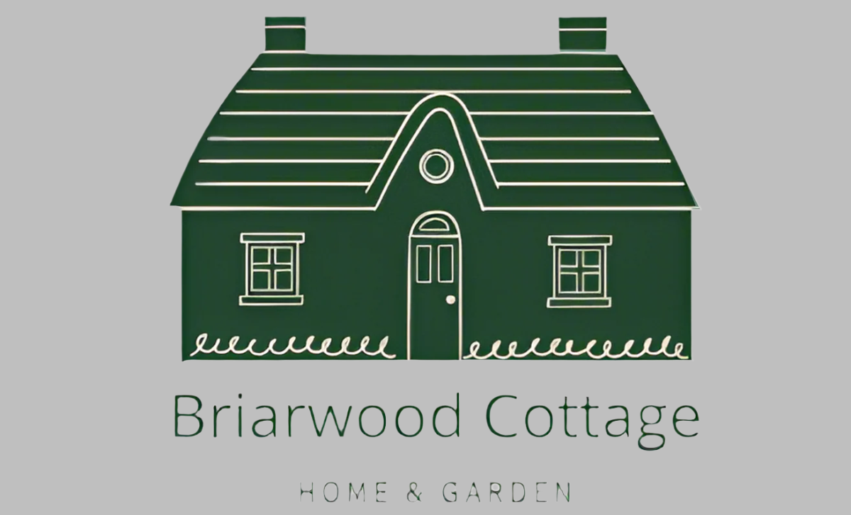Logo of Briarwood Cottage with a green house illustration on a beige background